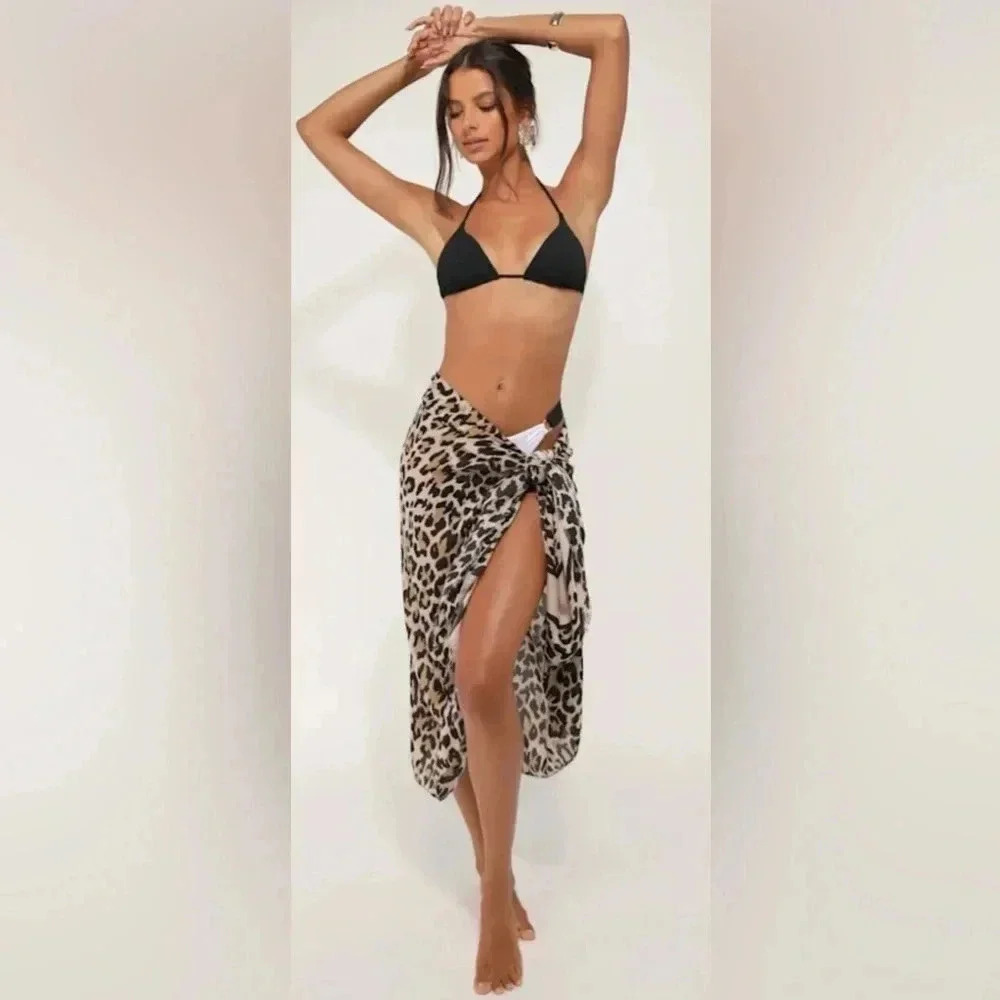 Lulus Beige Black Leopard Swim Cover Up Sarong